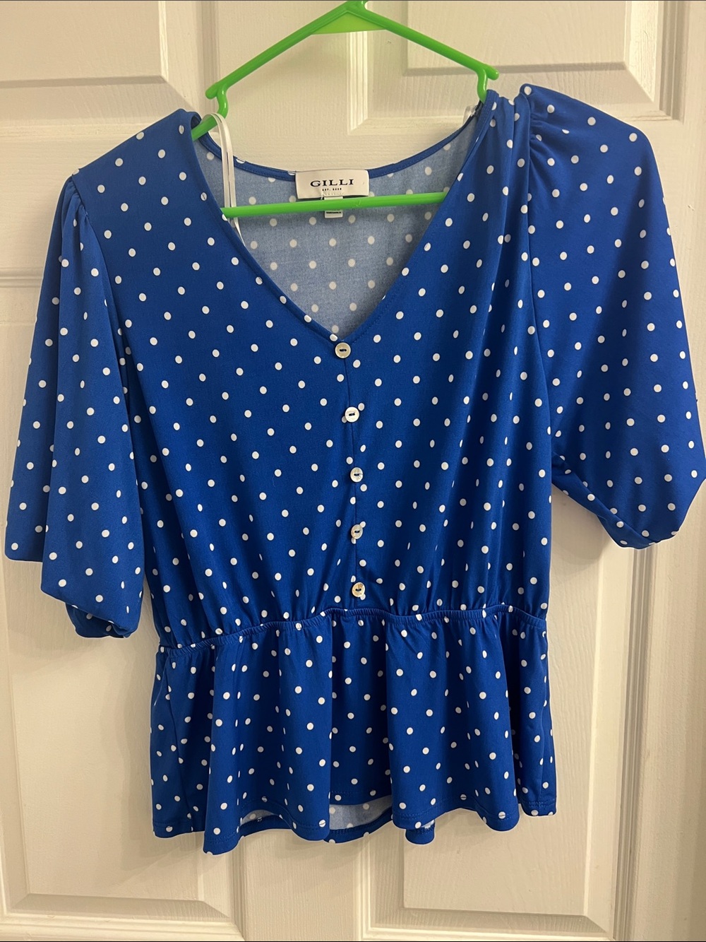 Gilli Royal Blue White Polka Dot V-Neck Peplum Blouse